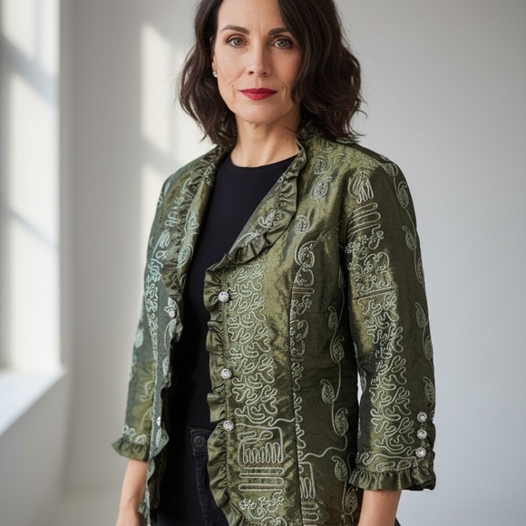 Olive Green Textured Cocktail Jacket with Ruffle Trim - Picture 8 of 8